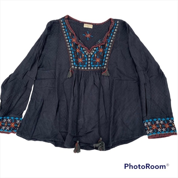 Lula Soul Sz XS Boho Viscose  Tunic Top Relaxed Tassels Bell Sleeve Blue Orange - Picture 1 of 8
